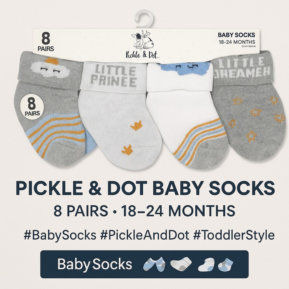 Pickle & Dot Baby Socks 8 Pairs 18–24 Months Boys Gray Blue Clouds Stars Cut